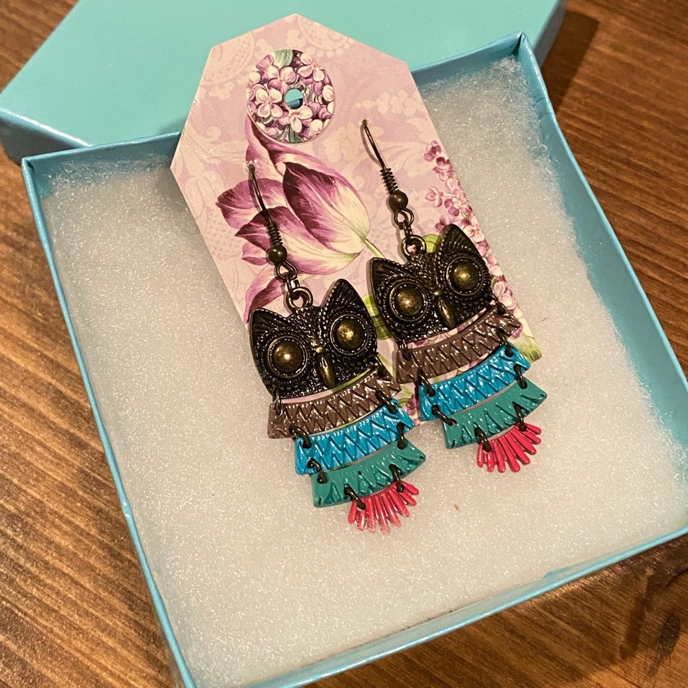 Multicolored Cute Owl Earrings - Dangle, Dangly